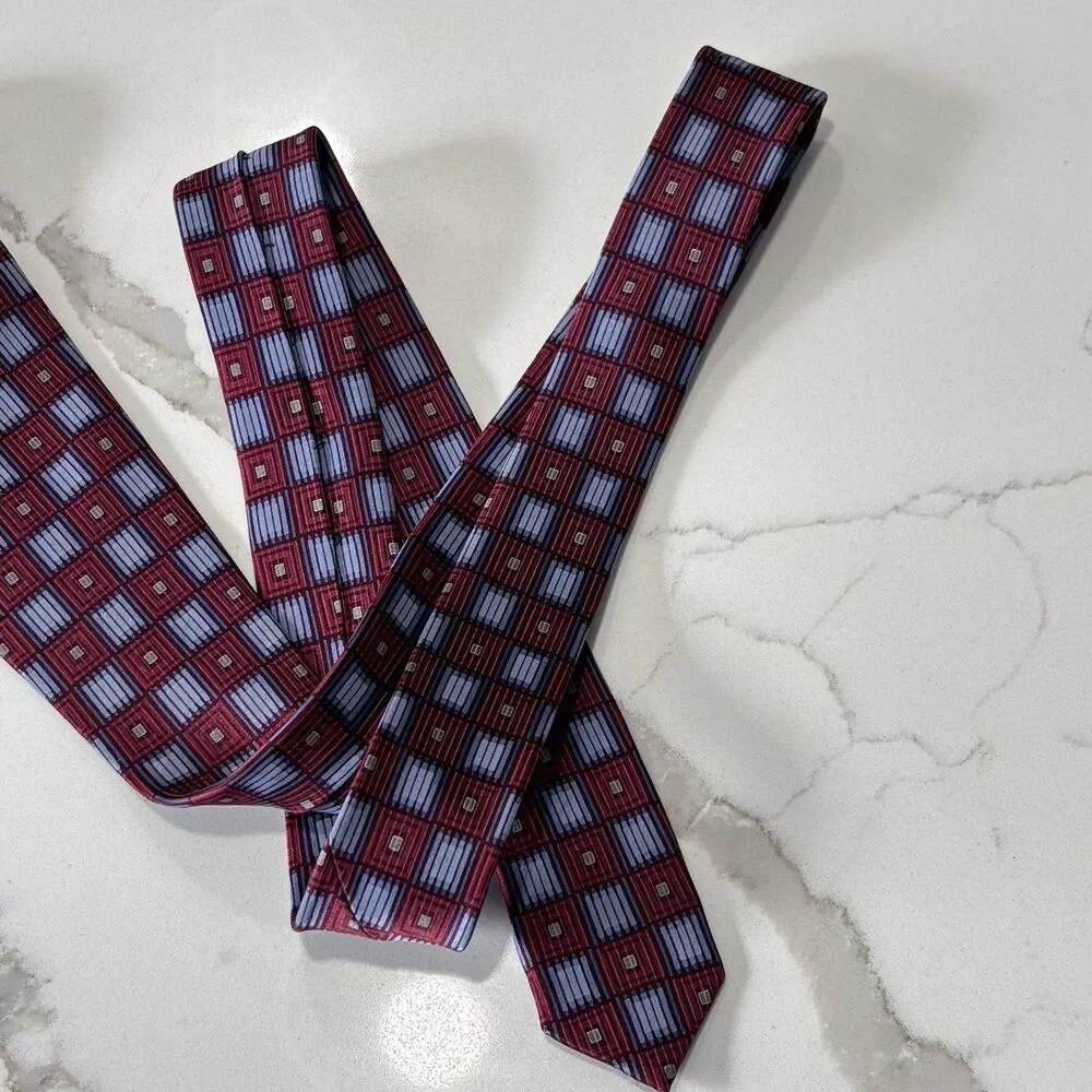 CRAZY HORSE Men's Burgundy Blue Geometric Oxford Tie Necktie 100% Silk Classic